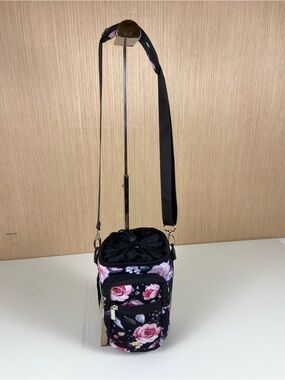 Floral Crossbody Bottle Bag - Black Pink Rose Print